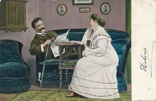 Ak Szene aus dem Eheleben, Mann liest eine Zeitung, Couch, Buch, Pfeife