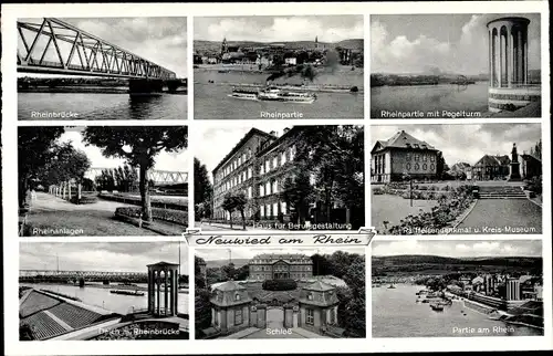 Ak Neuwied am Rhein, Pegelturm, Kreis Museum, Denkmal, Schloss, Rheinbrücke, Deich