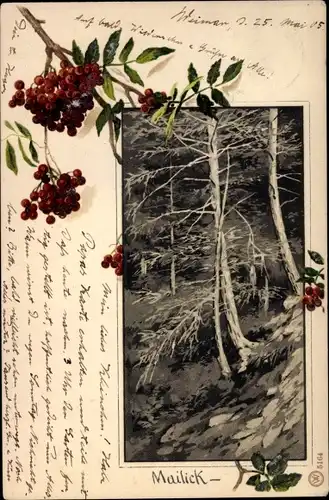 Künstler Litho Mailick, Landschaft mit Nadelbäumen, Beeren