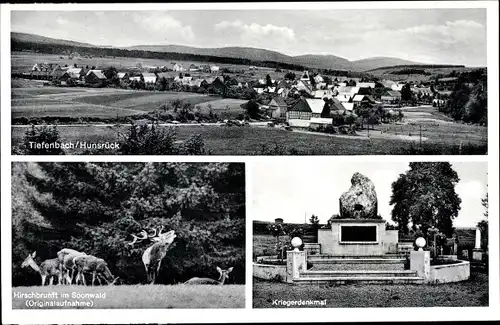 Ak Tiefenbach Hunsrück, Panorama, Hirschbrunft im Soonwald, Kriegerehrenmal