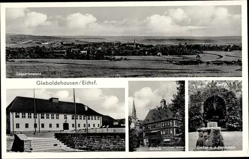 Ak Gieboldehausen am Harz, Gesamtansicht, Schule, Schloss, Grotte a. d. Ehrenhain