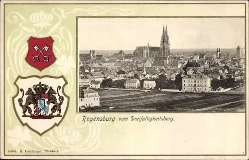 Wappen Passepartout Ak Regensburg an der Donau Oberpfalz, Panorama vom Dreifaltigkeitsberg
