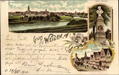 Litho Weiden in der Oberpfalz, Gesamtansicht, Marktplatz, Schlör Denkmal