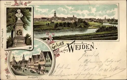 Litho Weiden in der Oberpfalz, Gesamtansicht, Marktplatz, Schlör Denkmal