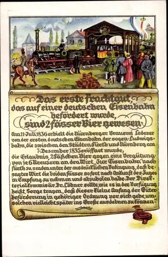 Künstler Ak Erstes Frachtgut auf einer deutschen Eisenbahn, 2 Fässer Bier, Brauerei Lederer Nürnberg