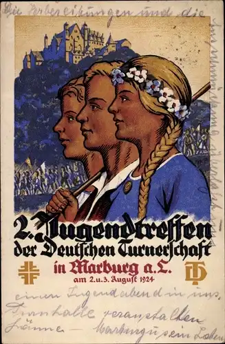 Künstler Ak Marburg an der Lahn, 2. Jugendtreffen d. Dt. Turnerschaft 1924, Jahnkreuz