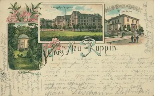 Litho Neuruppin in Brandenburg, Königstor Kaserne, Offizierkasino, Kreisgarten