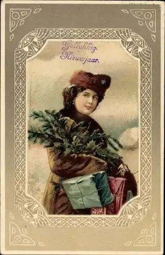 Passepartout Präge Ak Glückwunsch Neujahr, Portrait einer Frau, Tannenbaum-Zweige, Geschenke
