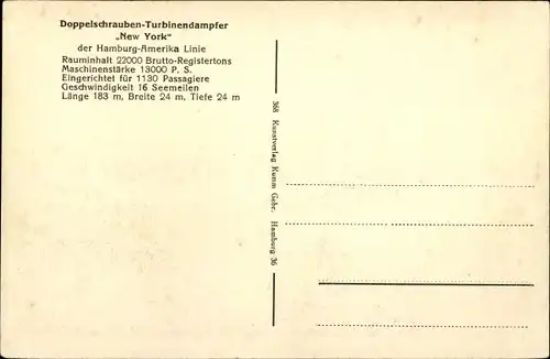 Ak Dampfschiff New York, Doppelschrauben Turbinendampfer, HAPAG