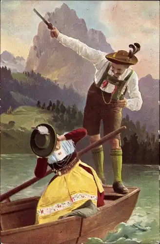 Ak Liebespaar beim Rudern, Tracht, Bergen, Ruderboot