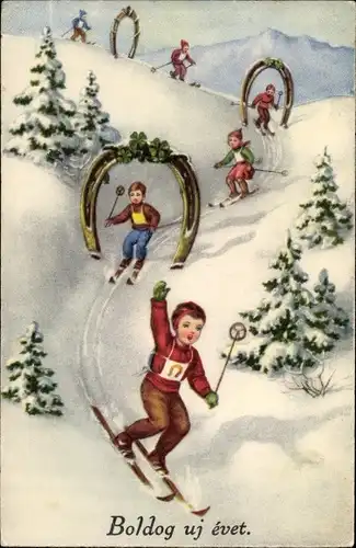 Ak Glückwunsch Neujahr, Kinder beim Skifahren, Hufeisen, Glücksklee