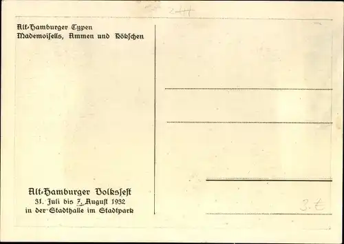 Ak Hamburg, Alt Hamburger Typen, Medemoisells, Ammen, Hummel, Volksfest 1932