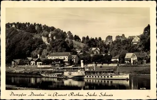 Ak Kurort Rathen im Elbsandsteingebirge, Salondampfer Leipzig, Gasthaus Rosengarten