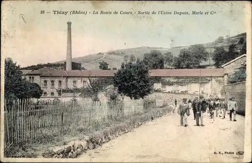 Ak Thizy Rhône, La Route de Cours, Sortie de l'Usine Dupuis, Merle et Cie.