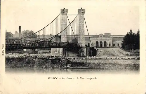 Ak Gray Haute Saône, La Gare et le Pont suspendu