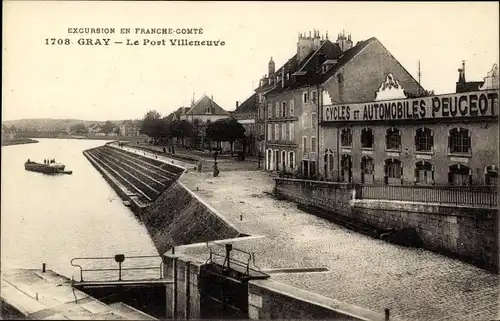 Ak Gray Haute Saône, Le Port Villeneuve, Cycles et Automobiles Peugeot