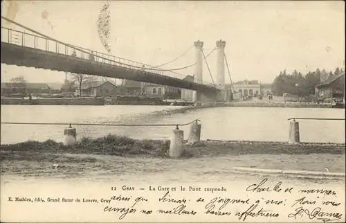 Ak Gray Haute Saône, La Gare et le Pont suspendu