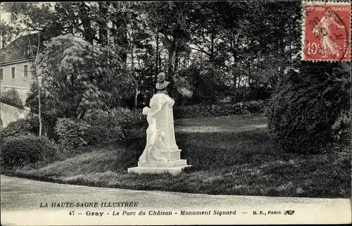 Ak Gray Haute Saône, Le Parc du Chateau, Monument Signard