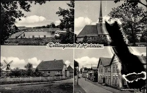 Ak Tellingstedt in Dithmarschen, Kirche, Schwimmbad, Mühle, Hauptstraße