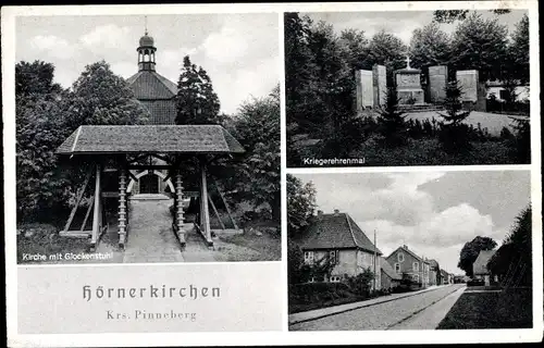 Ak Hörnerkirchen in Holstein, Kriegerehrenmal, Kirche mit Glockenstuhl, Straßenpartie
