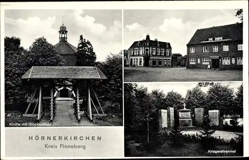 Ak Hörnerkirchen in Holstein, Kriegerehrenmal, Kirche mit Glockenstuhl, Gasthof
