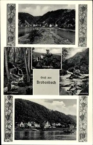 Ak Brodenbach an der Terrassenmosel, Ehrenburg, Ehrbachklamm, Donnerloch, Blick auf den Ort