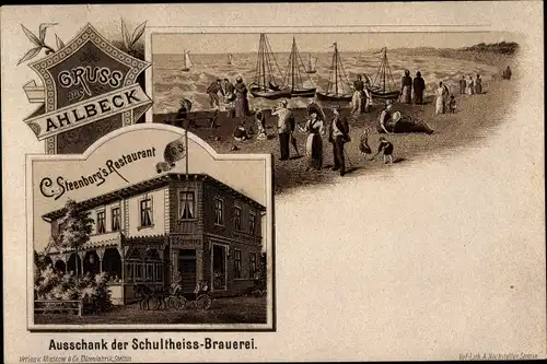 Litho Ostseebad Ahlbeck Heringsdorf auf Usedom, Strandpartie, Restaurant
