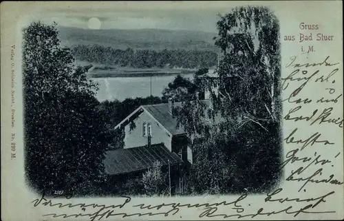 Mondschein Ak Stuer in Mecklenburg, Teilansicht, Gebäude