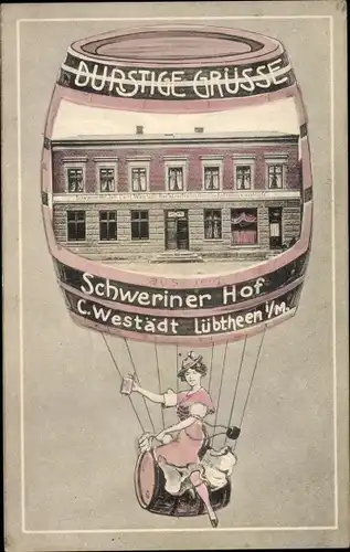 Passepartout Ak Lübtheen in Mecklenburg, Gasthaus Schweriner Hof, Bierfass als Ballon
