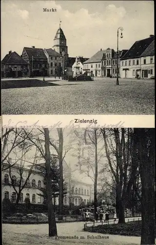 Ak Sulęcin Zielenzig Ostbrandenburg, Markt, Promenade mit Schulhaus