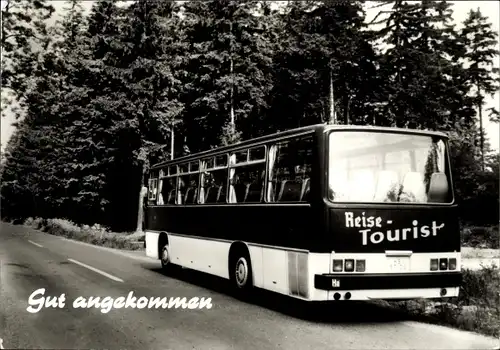 Ak Gut angekommen, Reisetourist, Ikarus Omnibus