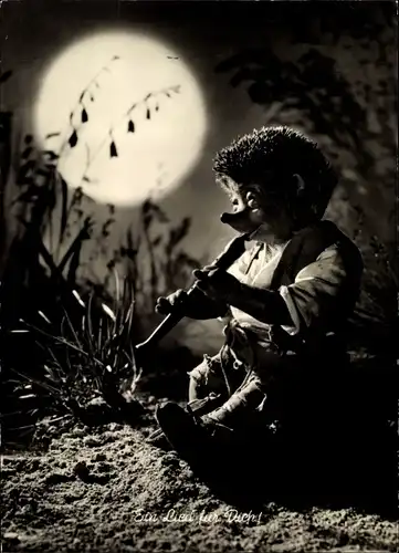 Ak Mecki der Igel, Ein Lied für Dich, Flötenspiel, Mond, Glockenblumen