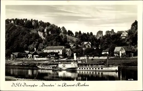 Ak Kurort Rathen im Elbsandsteingebirge, Salondampfer Leipzig, Gasthaus Rosengarten