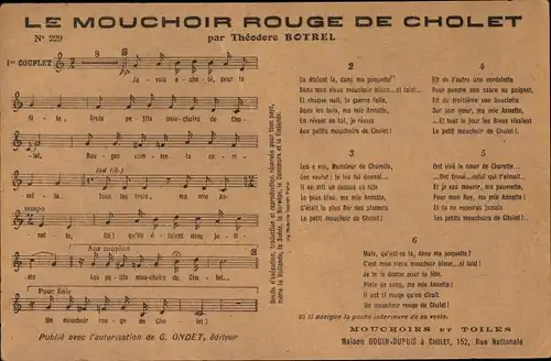 Lied Ak Le Mouchir Rouge de Cholet par Theodore Botrel