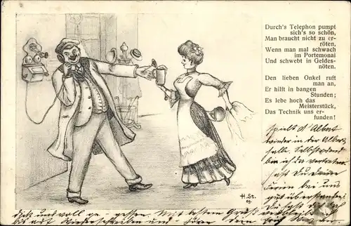 Künstler Ak Mann beim Telefonieren, Bierglas, Kellnerin