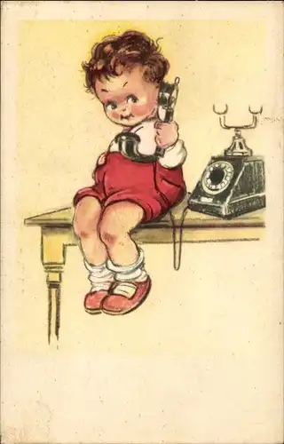 Künstler Ak Kleines Kind beim Telefonieren, Telefon