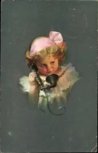 Künstler Ak Kleines Mädchen am Telefon, Telefonhörer