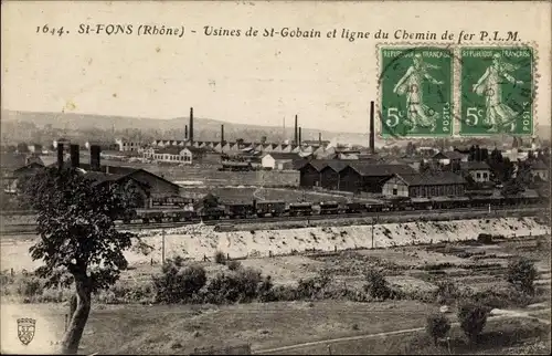 Ak Saint Fons Rhône, Usines de Saint Gobain et ligne du Chemin de fer