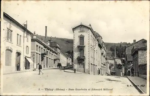 Ak Thizy Rhône, Rues Gambetta et Edouard Millaud