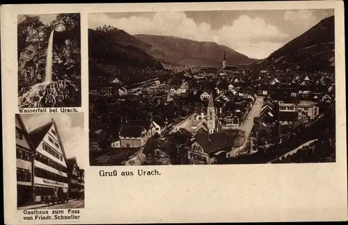 Ak Bad Urach in der Schwäbischen Alb, Gesamtansicht, Gasthof zum Fass, Wasserfall