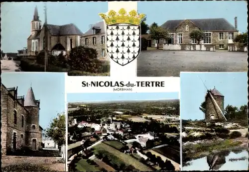 Wappen Ak Saint Nicolas du Tertre Morbihan, Windmühle, Kirche, Panorama vom Ort