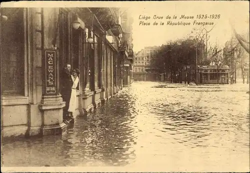 Ak Liège Lüttich Wallonien, Crue de la Meuse 1925-1926, Place de la Republique Francaise, Mac Ewan's