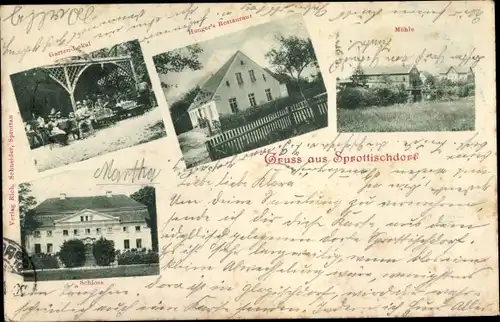 Ak Sprottischdorf Szprotawa Sprottau Schlesien, Mühle, Hunger's Restaurant, Schloss