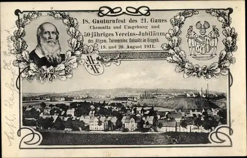 Ak Chemnitz in Sachsen, 18. Gauturnfest 1911, Turnvater Jahn, Blick auf den Ort