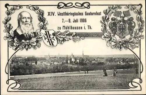 Wappen Passepartout Ak Mühlhausen in Thüringen, XIV Westthüringisches Gauturnfest 1906