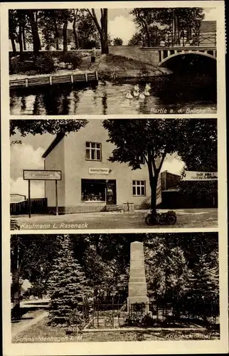 Ak Schmachtenhagen Oranienburg im Kreis Oberhavel, Kaufmann, Kriegerdenkmal, Brücke