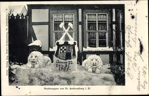 Wappen Ak Sankt Andreasberg Braunlage im Oberharz, Stadtwappen aus Schnee, Haus mit Garten