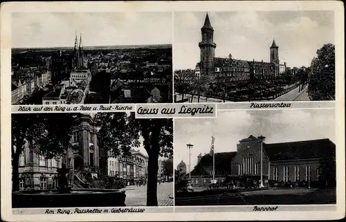 Ak Legnica Liegnitz Schlesien, Ring, Peter und Paul Kirche, Piastenschloss, Ratskeller, Bahnhof