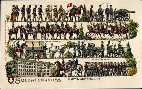 Präge Litho Soldatengruß vom Schweizer Militär, Infanterie, Artillerie, Kaserne