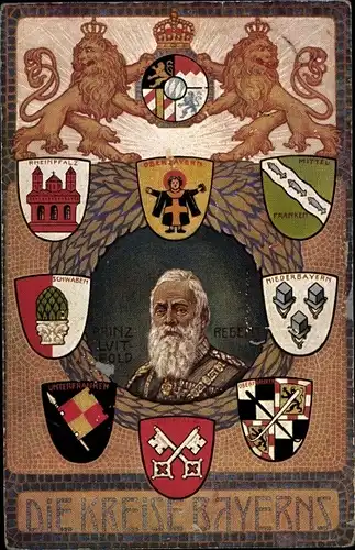 Wappen Ak Prinzregent Luitpold von Bayern, Wappen der Kreise, Mittelfranken, Rheinpfalz, Schwaben